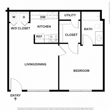 Floor plan for 1 bed, 1 bath, 540 sqft